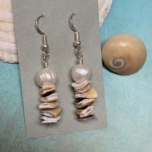 Mermaid genuine freshwater potato pearls stacked shells earrings lightweight
